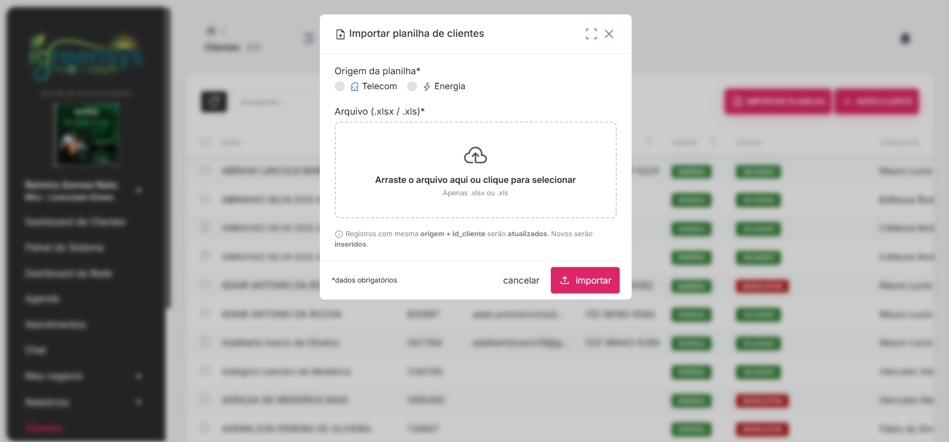 Importação de planilhas iGreenSys
